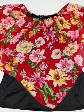 Ups & Downs Plus Size 2X Red Floral Overlay Blouse – Black Layered Top
